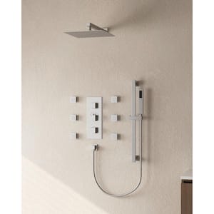 3-Spray Patterns Thermostatic Wall Mount Rain Dual Shower Heads  with 6-Jet in Brushed Nickel (Valve Included)