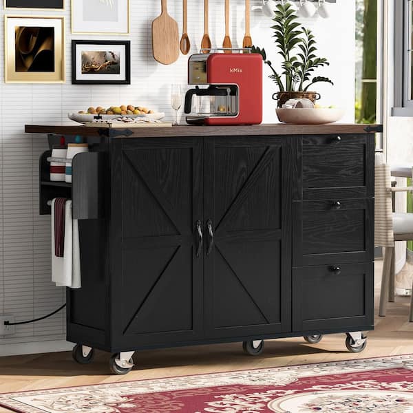 Rolling Black Drop Leaf Wood Top 54 in. Kitchen Island Cart with Power Outlets, Internal Door Racks, 5-Wheels