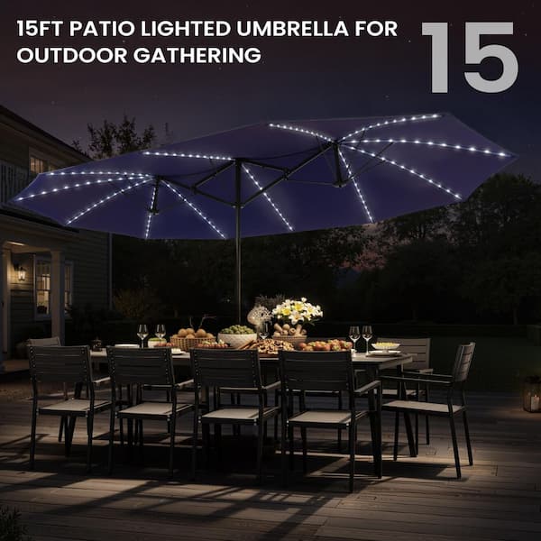 15 ft. Patio Solar Market Umbrella Double-Sided Twin Outdoor Umbrella with Base and Solar LED Lights in Navy Blue