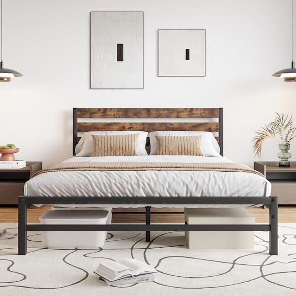 Black Metal Frame Queen Size Platform Bed with Rustic Vintage Brown Wooden Headboard, No Box Spring Needed