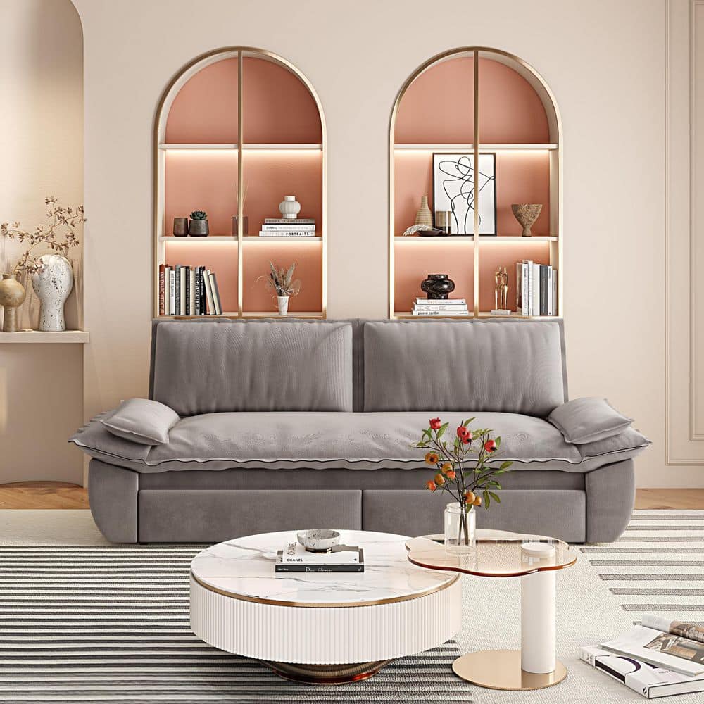 73.2 in. Square Arm Velvet Rectangle Sofa in Grey with Sofa Cushions