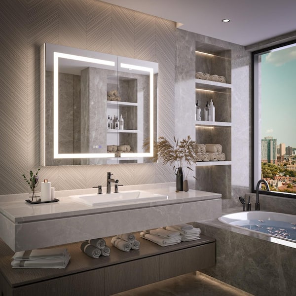 42 in. W x 36 in. H Rectangular Aluminum Recessed/Surface Mount LED Medicine Cabinet with Mirror Dual Outlet, Dual USB