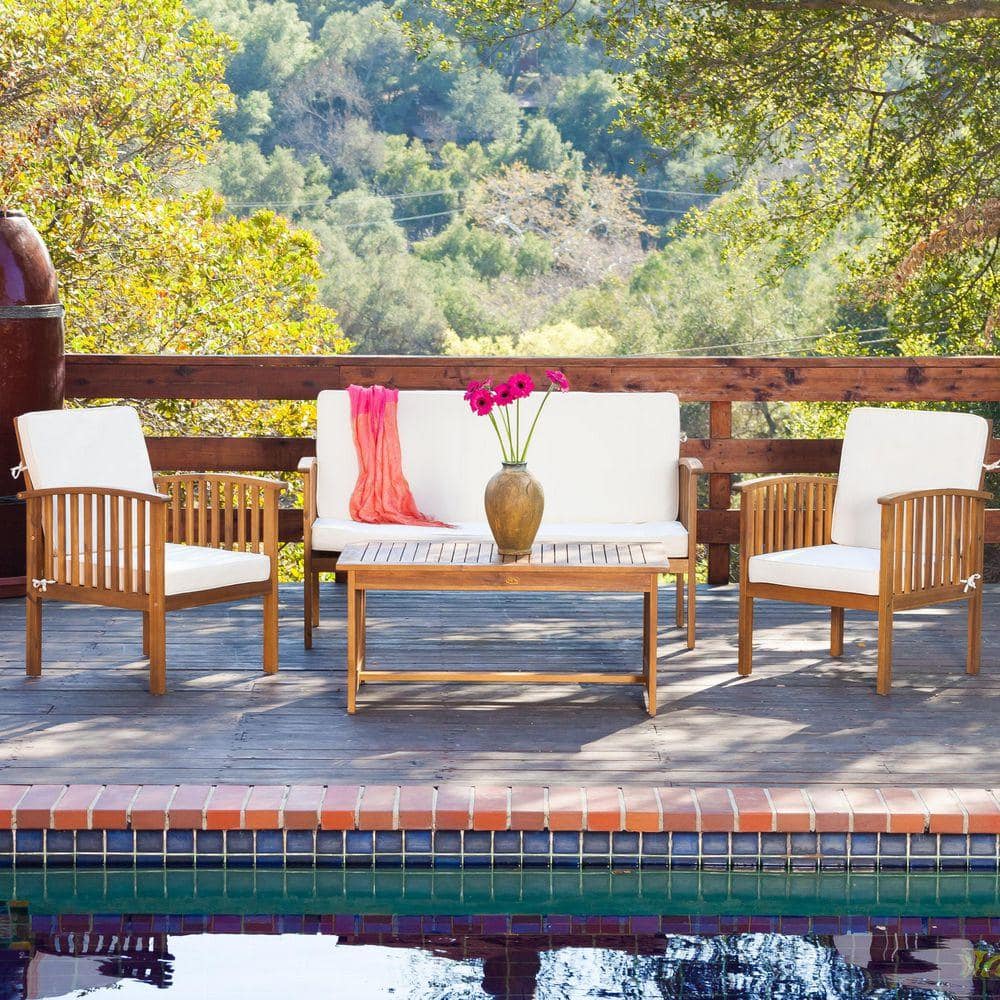 Brown 4-Piece Wood Patio Conversation Set with Beige Cushions and ...