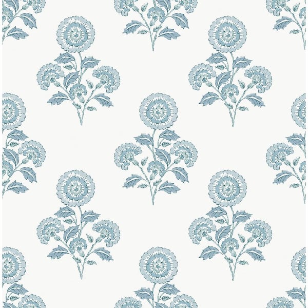 Blue on Blue Flourish Block Print Peel and Stick Wallpaper