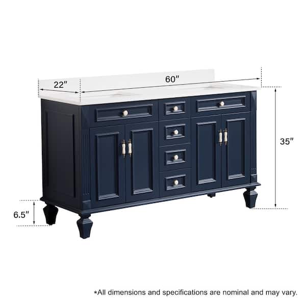 Artwood 60 in. Double Sink Solid Wood Navy Blue Vanity w/ Carrera White Top and 2 LED Medicine Cabinet Assembled, Combo