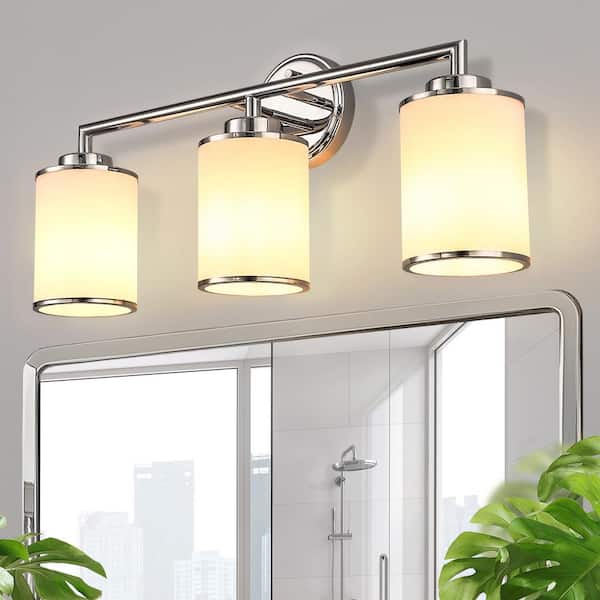 Briignite 17 In. 3-Light Chrome Vanity Light with Frosted Cylinder Glass Shades Stylish Modern Wall Sconce for Vanity or Mirror
