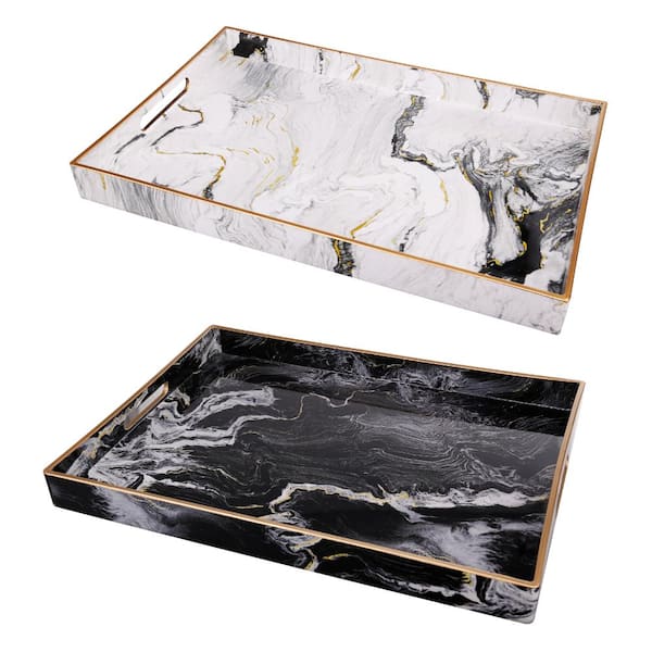 Benjara Black, White and Gold Decorative Tray (Set of 2)