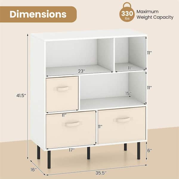 41.5 in. Tall White Engineered Wood 3-Shelf Accent Bookcase with 3-Removable Folding Fabric Drawers Metal Legs