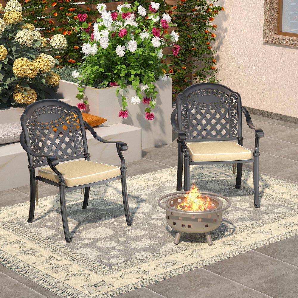 Matte Black Cast Aluminum Outdoor Dining Armchairs with Multicolor Cushions