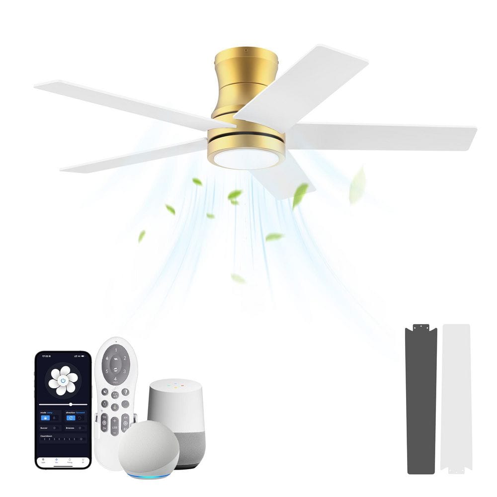 42 in. Modern Gold White Outdoor Indoor Flush Mount Ceiling Fan with Dimmable LED Ligh APP/Alexa/Remote DC Motor Quiet
