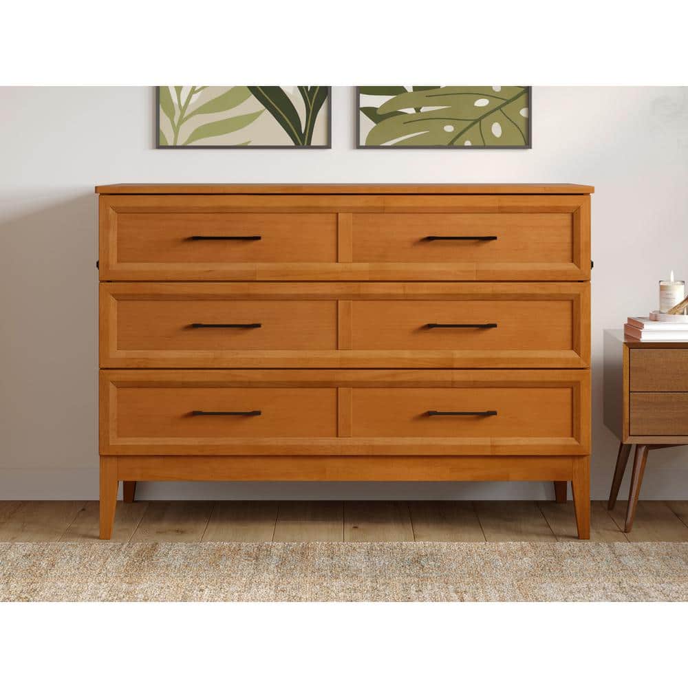 Light Toffee Full Wood Murphy Bed Chest with Mattress and USB Charger