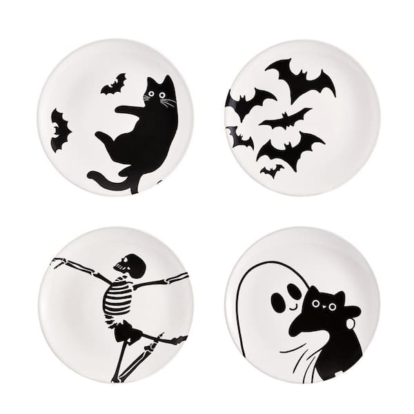 8.75 in. Black & White Halloween Cute Ceramic Salad Plates Microwave and Dishwasher Safe for Tapas, Appetizer (Set of 4)