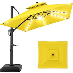 10 ft. Solar LED 2-Tier Square Cantilever Patio Umbrella with Base Included in Yellow