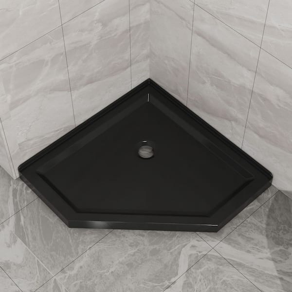 36 in. L x 36 in. W x 3.4 in. H Corner Neo Angle Acrylic Shower Pan Base with Center Drain in Black, Double Threshold