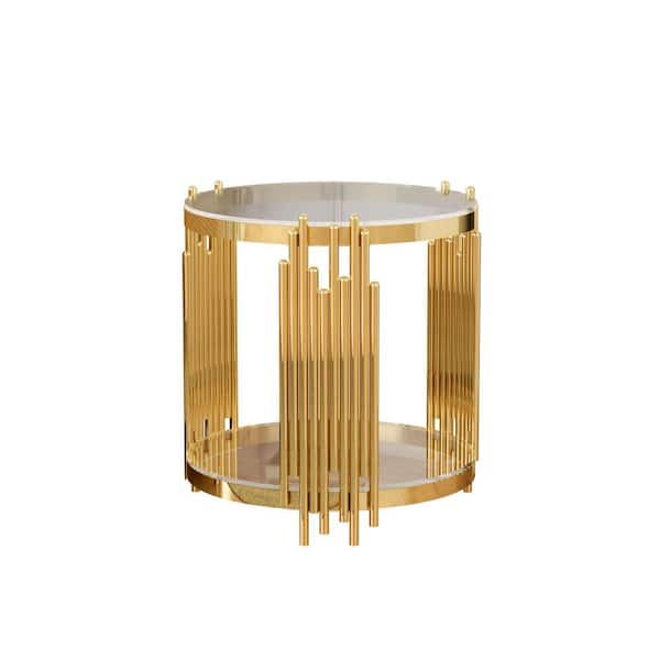 20 in. Clear Round Glass Coffee Table with Tempered Glass&Gold Legs, 2-Tier Stainless Steel Center Table for Living Room