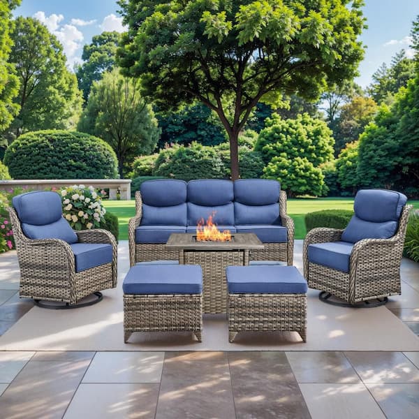 NovaSwivel 6-Piece Gray Wicker Outdoor Patio Fire Pit Conversation Set with Blue Cushions and Swivel Rocking Chairs