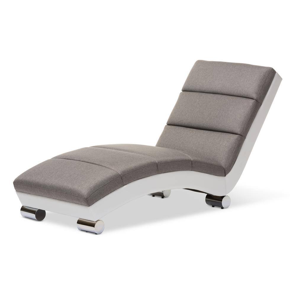 Contemporary Gray Faux Leather & Wood Curved Chaise Lounge