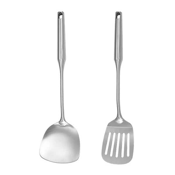 2-Piece Stainless Steel Heavy Duty Slotted Turner and Wok Spatula Set Silver Ergonomic Kitchen Utensil Accessory