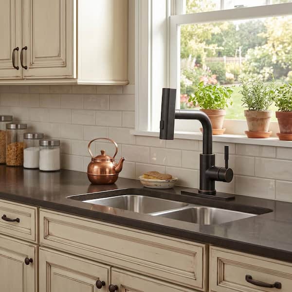 3 Modes Single Handle Stainless Steel Waterfall Bar Faucet with Pull Down Sprayer and Deckplate in Oil Rubbed Bronze