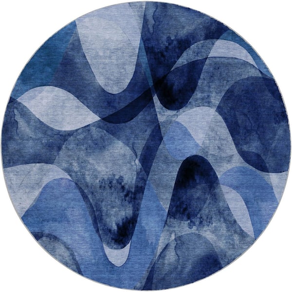 Dream Shag Premium Machine Washable Abstract ADS536 Navy 8 ft. x 8 ft. Round Rug