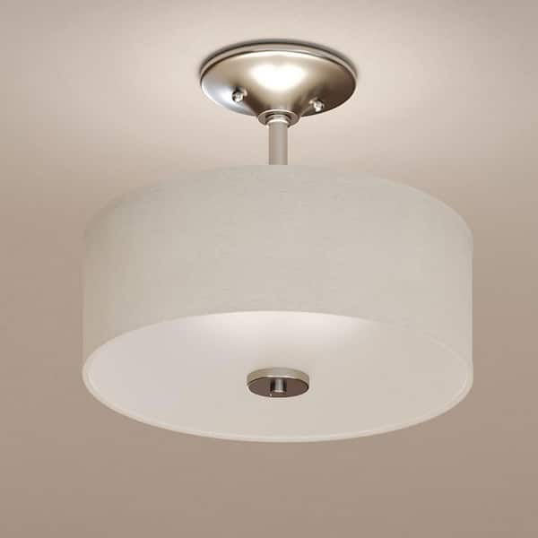 Inspire Collection 13 in. Brushed Nickel 2-Light Transitional Bedroom Ceiling Light Drum Semi-Flush Mount