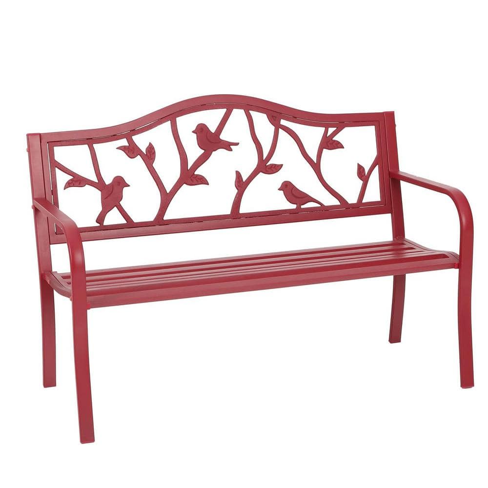 50.5 in. Red Metal Outdoor Bench with Backrest and Armrests