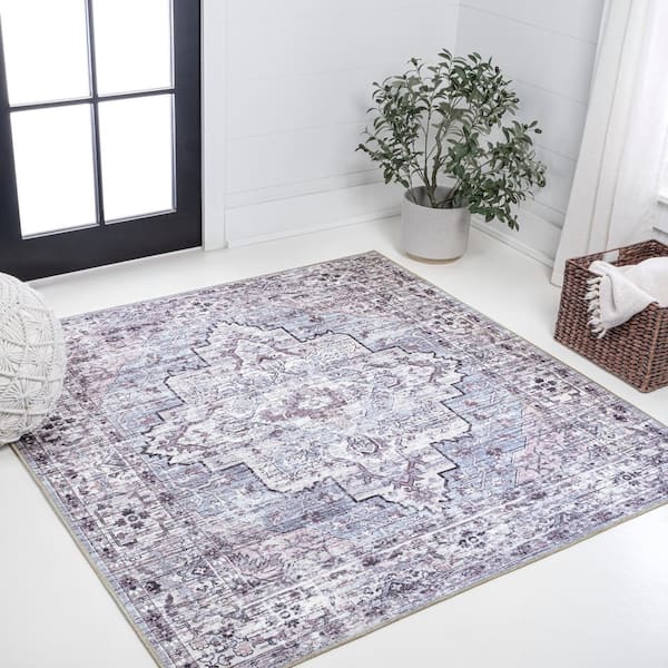 Didim Boho Gray/Purple 5 ft. Medallion Machine-Washable Square Area Rug