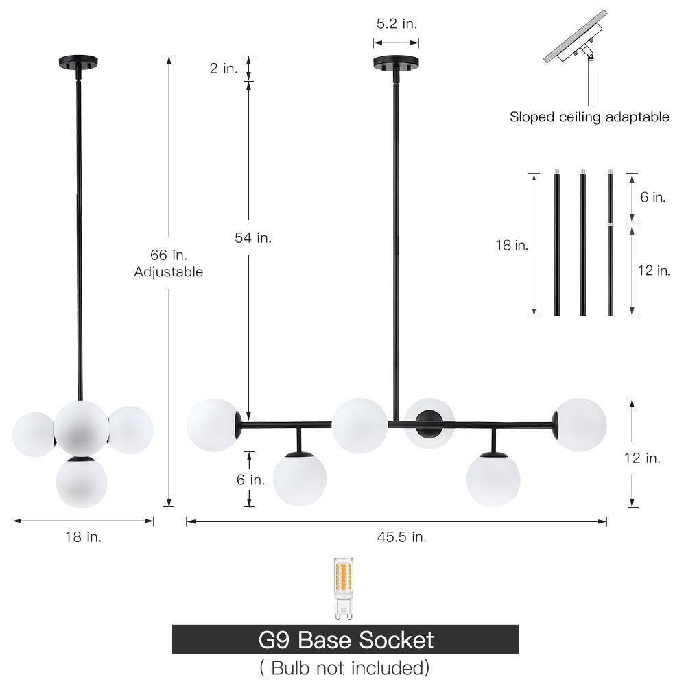 Matte Black Linear Sputnik Chandelier with Frosted Glass Globes