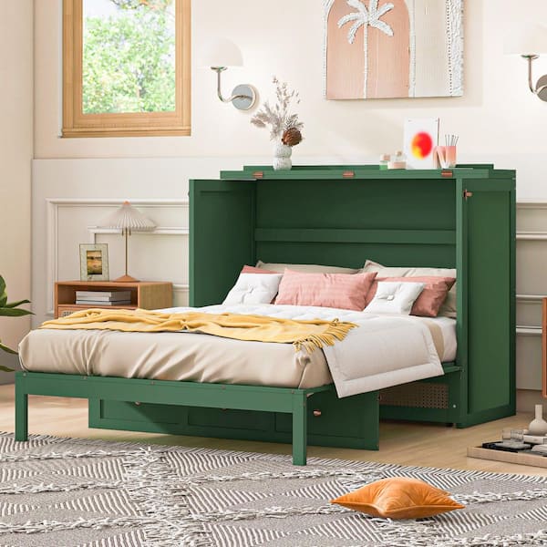 Green Wood Frame Full Size Murphy Bed with Large Drawers