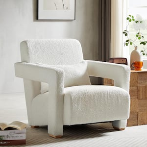 White Boucle Fabric Sleek Right-Angle Armrests Arm Chair with Ergonomic Lumbar Support, Square Wooden Block Legs