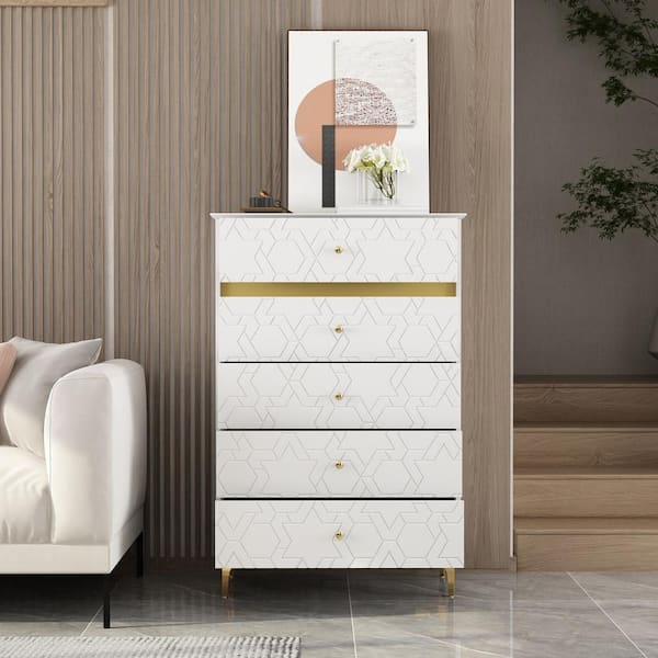 FUFU&GAGA 31.5 in. W White Paint Wood Storage Cabinet Drawer Organizer Dresser With 5 Drawers and Fabric Storage Organizer