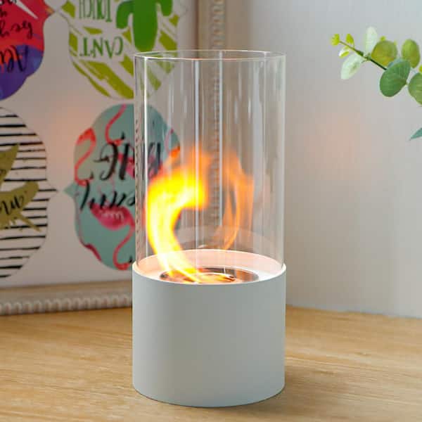 5 in. Tabletop Ventless Bioethanol Fireplace, White Round Stainless Steel Burner Cup, Real Flame, Portable
