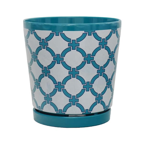 MPG 8.75 in. L x 8.75 in. W x 9 in. H Blue Lattice Pattern Melamine Pot with In-Line Saucer