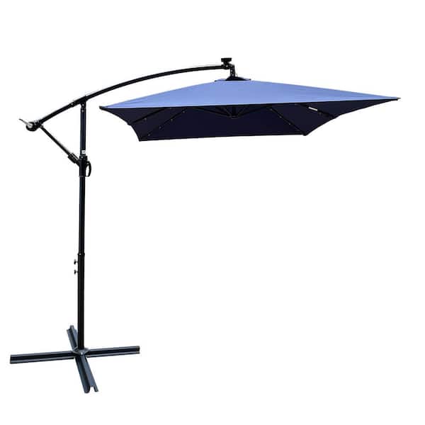 Sudzendf 10 ft. Umbrella Solar Powered LED Lighted Sun Shade Market Waterproof 8 Ribs Umbrella with Crank and Cross Base in Blue