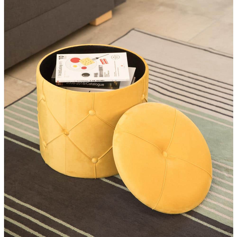 Yellow Round Tufted Velvet Ottoman with Storage