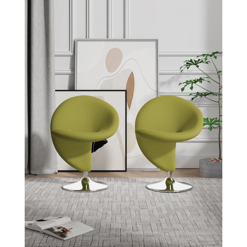Curl Polished Chrome and Green Wool Swivel Accent Chair