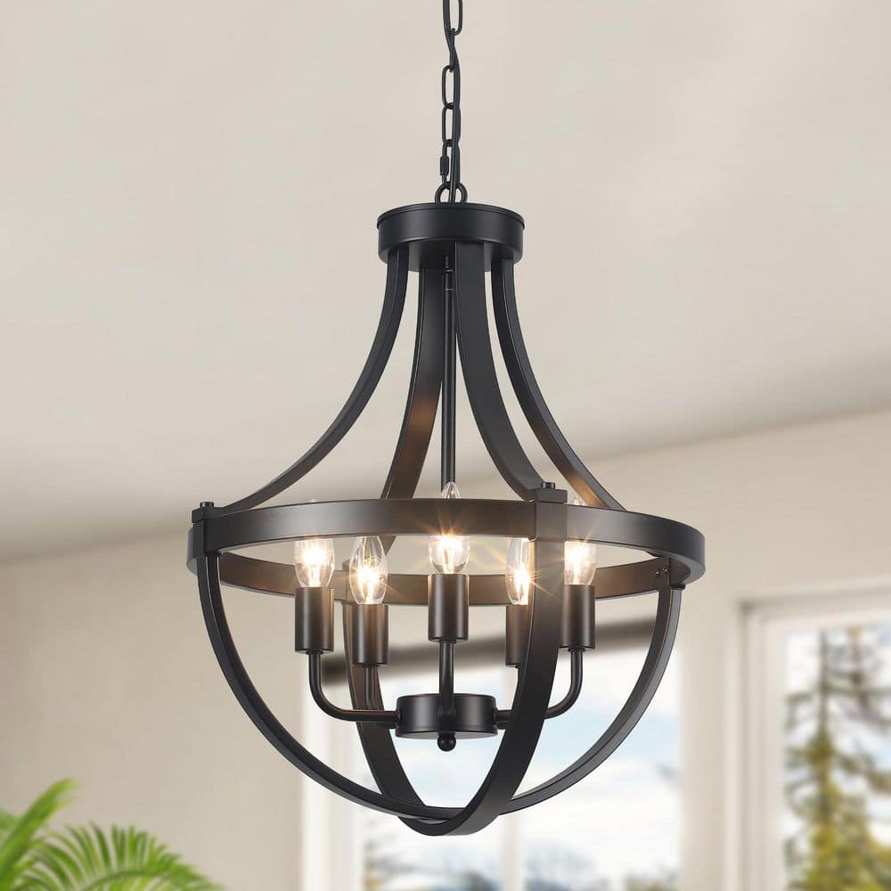5-Light 16.5 in. W Matte Black Farmhouse Chandeliers Adjustable Rustic Cott