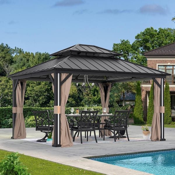 COVERED OUTDOOR OUTDOOR LIVING SPACES Four Seasons 12 ft. x 14 ft. Black Hard Top Gazebo with LED Lighting