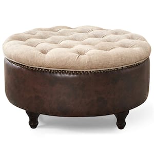 SIDA 30 in. Round Storage Ottoman, PU Leather, Two Tone, Nail Head Tufted Seating, Footrest Stool Bench, Brown