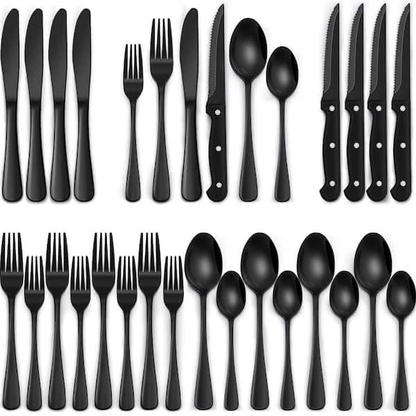 24 Piece Black Silverware Set with Steak Knives, Food Grade Stainless Steel Flatware Set for 4 People for Restaurant