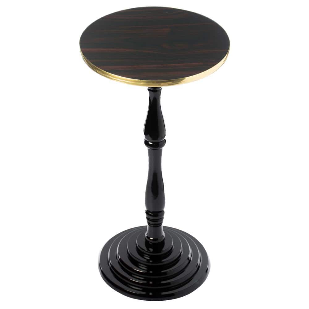 Espresso Wooden Round Pedestal Side Table with Glossy Marble Top