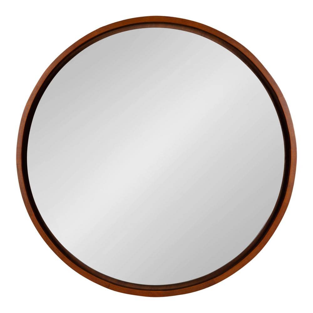 Mid-Century Boho-Chic Round Walnut Wood Wall Mirror, 30"
