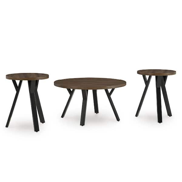 Signature DESIGN BY ASHLEY Elbrynn 34 in. Brown/Black Round MDF Coffee Table Set (Set of 3)