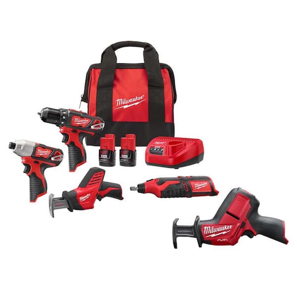 Milwaukee M12 12V Li-Ion Cordless 4-Tool Combo Kit with (2) Compact 1.5Ah Batteries and Charger and HACKZALL Reciprocating Saw