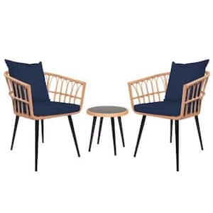 Biege 3-Piece Wicker Round 16 in. H Outdoor Bistro Set with Cushion Guard Dusty Blue Cushions