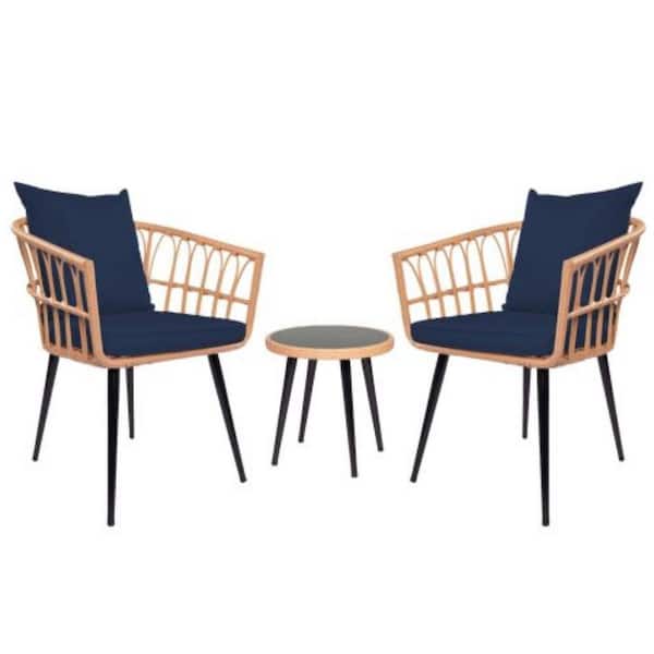 ITOPFOX Biege 3-Piece Wicker Round 16 in. H Outdoor Bistro Set with Cushion Guard Dusty Blue Cushions
