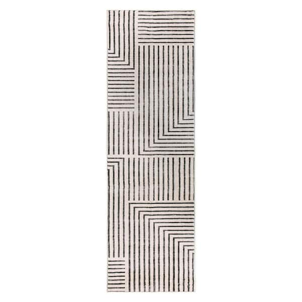 Distressed Bohemian Stripes Washable Non Slip Beige 2 ft. x 8 ft. Runner Rug