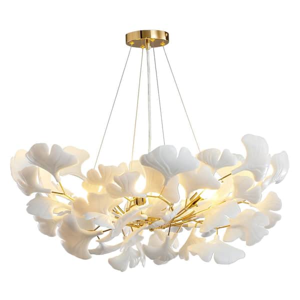YUYI 6-Light Gold Chandelier, Luxury Ceramic Ginkgo Branch Chandelier for Living Room, Dining Room, Kitchen Island-L31 in.