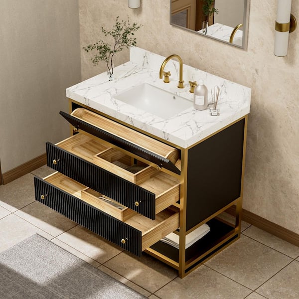 Solidoak 36 in. W x 22 in. D x 35.4 in. H Single Sink Bath Vanity in Black with White Engineered Marble Top