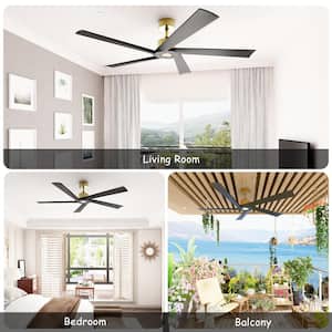 62 in. Indoor Outdoor Use Black Solid Wood 5-Blades Gold Housing  Ceiling Fan with Remote Control, 6-Speed Adjustable